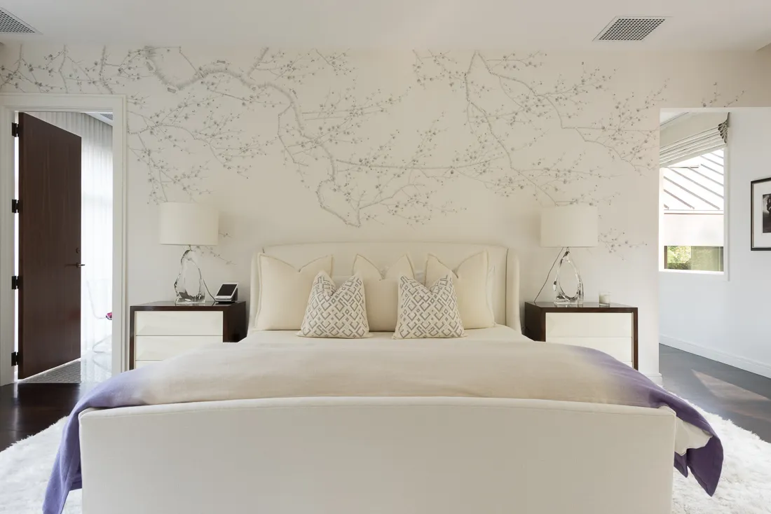 Avalon — Primary bedroom with hand-painted wallpaper